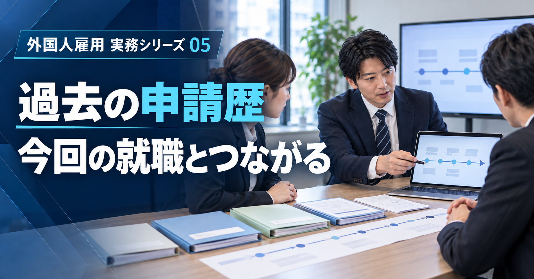 過去の在留資格申請と今回の就職を時系列で整理する面談を表したアイキャッチ画像